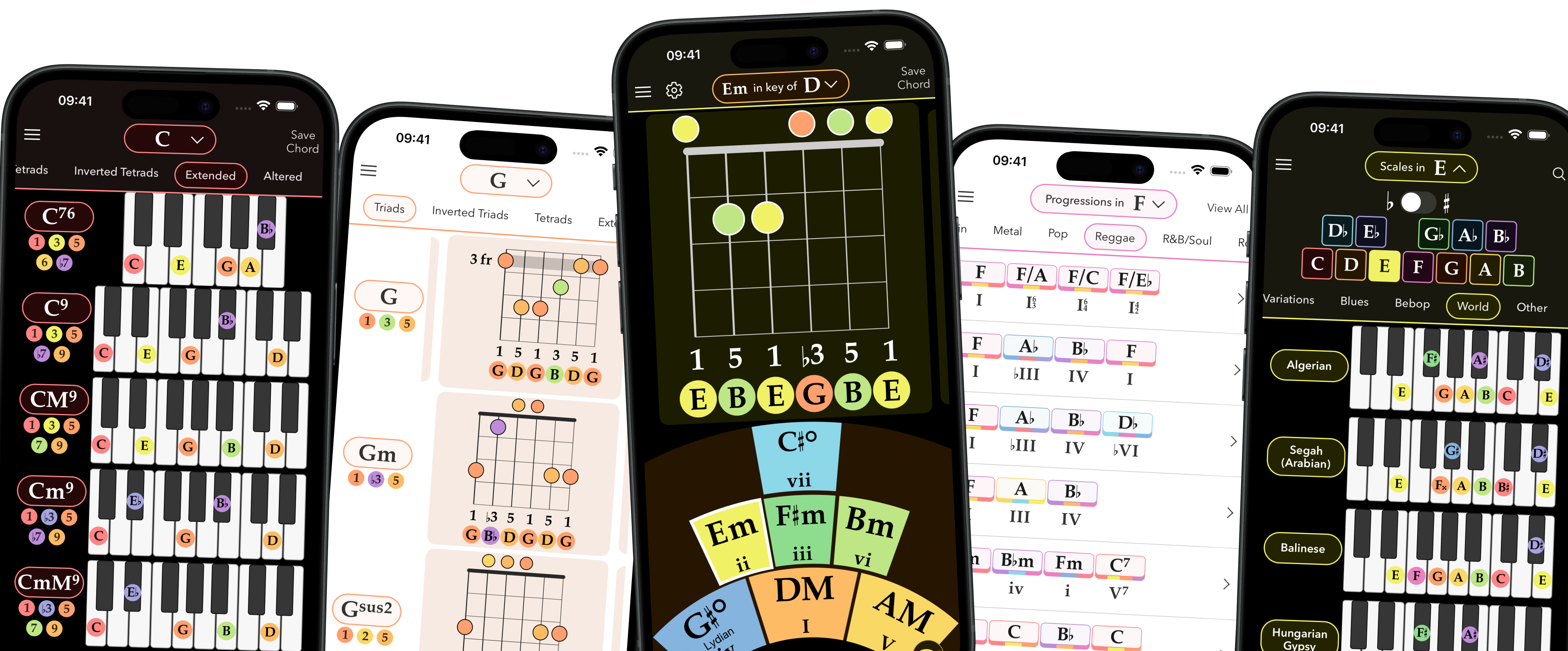 Chord Colors on iPhone showing chords, guitar voicings, progressions, and scales