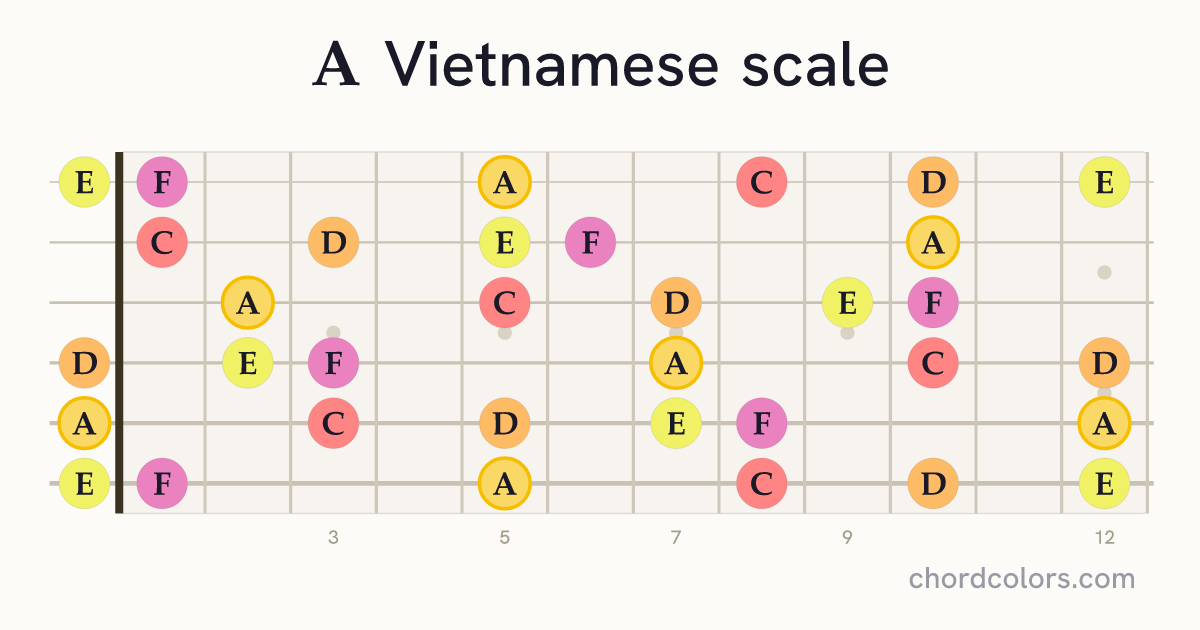 A Vietnamese scale on guitar shown as colored note dots
